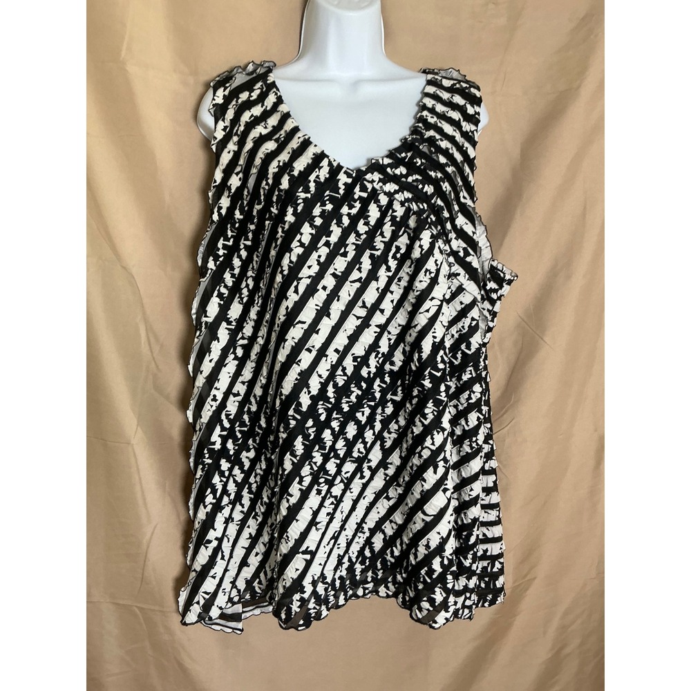 Avenue Sleeveless Blouse Womens 22/24 Black White Excellent Striped Ruffle Top